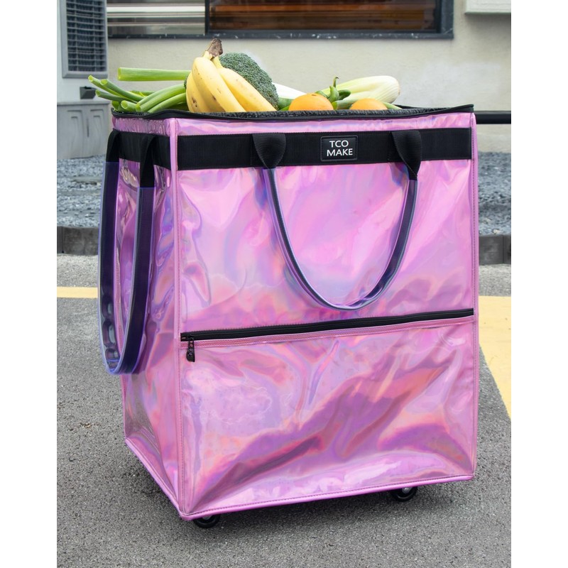 TCOMAKE (Large, Phantom Pink) Reusable Grocery Bag on Wheels, Shopping