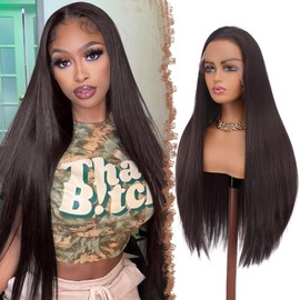 FESHFEN 13x4 Lace Front Wig - 30 inch Long Straight Dark Brown Wigs Glueless Hair Wig for Black Women Synthetic Heat Resistant Pre Plucked Wig for Daily Party