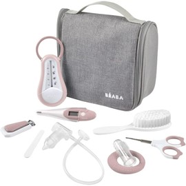 BÉABA - Toiletry bag for babies on the go - 9 parts included: bath thermometer, digital thermometer, teething ring, gum massager, nasal aspirator - dusky pink