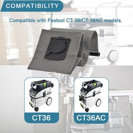 496121 reusable 36 vacuum cleaner dust bag, long-lived dust bag, compatible with Festool CT36E/AC vacuum cleaner.