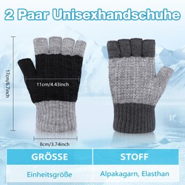 Kiiwah 2 Pairs of Winter Gloves Men and Women with Fleece Lining, Colour Matching, Half Finger Gloves, Knitted Fingerless Gloves for Work, Sports, Winter Outdoor Activities, Black and Grey