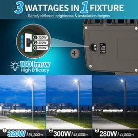 AKK 320W 300W 280W Switchable Parking Lot Light, 51200LM (160LM/W) 5000K LED Street Pole Light, Adjustable Arm & Slip Fitter in 1 Mount, Dusk to Dawn Photocell LED Shoebox Light, Waterproof Area Light