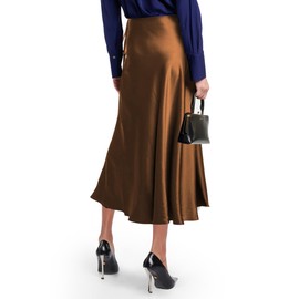 SEBOWEL Women Satin Maxi Long Skirt Silk Side Tie A Line Swing Midi Skirt Elegant Flowy Ruffle Pleated Cocktail Party Skirts, Brown, XL