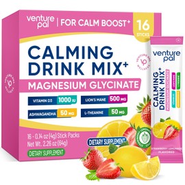 Venture Pal Magnesium Glycinate Powdered Drink Mix with Ashwagandha, Vitamin D, L-Theanine, Lions Mane, Sugar Free Magnesium Supplement Blend for Calm, Relax & Focus, Non GMO, Vegan, 16 Sticks