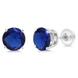 Gem Stone King 1.20 Cttw Aretes de Oro Blanco de 14K Zafiro Azul Creado Sitético