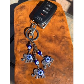 Bravo Team 3 Silver Elephant and Evil Eye Keychain Ring, Sign of Protection & Blessing, Evil Eye Charm as Home Keys, Purse & Bags Decorative Accessories, Car Swinging Ornament