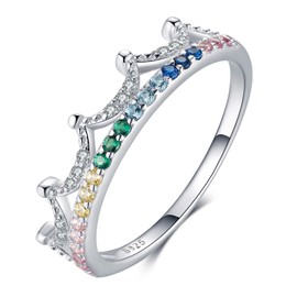 Qings 925 Sterling Silver Crown Ring, Princess Engagement Ring with Colorful Cubic Zirconias Jewellery Gifts For Girls Women Ladies Birthday Wedding