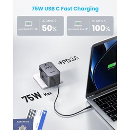 Universal Travel Adapter, VINTAR 75W GaN International Power Adapter with 3 USB-C PD and 2 USB-A QC Charging Ports, All-in-one Outlet Converter Wall Charger for Europe UK USA AUS(Type C/G/A/I), Grey