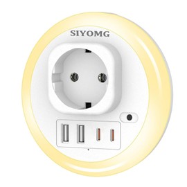 SIYOMG LED Night Light Socket with Twilight Sensor, 2 USB Ports and 2 USB-C Ports (3.6 A), 6 Light Colours Adjustable, Brightness Sensor Auto/On/Off with Light Sensor