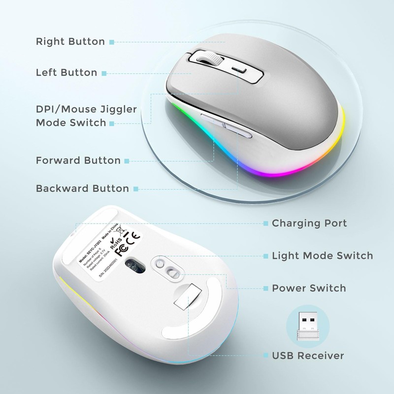 PEIOUS Wireless Mouse Jiggler - LED Wireless Mice with Build-in