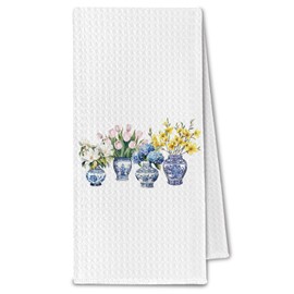 ChissNook Chinoiserie Floral Kitchen Towels, Floral Dish Towels Drying Cloth for Kitchen, Blue and White Chinoiserie Vase Flowers Decorative Hand Towels for Bathroom, 16x24 Inch