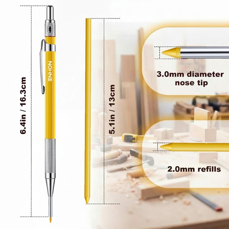 Enhon 2mm Mechanical Carpenter Pencil Set with 12 Marker Refills