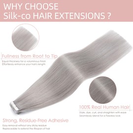 Silk-co Tape Extensions, Real Hair, Pack of 20, Tape-In Extensions, Real Hair, Remy Hair Extensions, Glue Skin Weft Tape Ins, 50 g, Grey # Grey, 40 cm