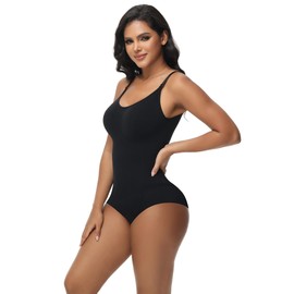 Breampot Women Shapewear Bodysuit Tummy Control Seamless Sculpting Adjustable Straps Body Shaper (L/XL, Black-Thong)