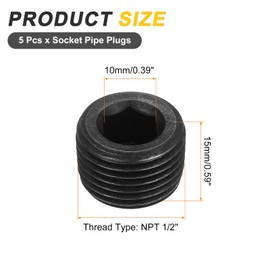 sourcing map 5Pcs Male Thread Socket Pipe Plugs, NPT 1/2" Carbon Steel Internal Hex Thread Pipe Caps for Pipe Fitting and Sealing, Black
