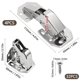 Aoyswuz Pack of 4 Cabinet Hinges 113 x 43 mm Screw-On Hinge Soft Close with Hydraulic Damping Pot Hinge for Furniture, Cabinet Door, Wooden Door (with Hinge Screws)