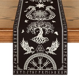 Artoid Mode Camino de mesa Árbol de la Vida Negro Vikingo Casco del Temor Cuervo, decoración de mesa de cocina y comedor para fiestas en el hogar, estacional, 13x72 pulgadas