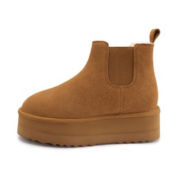 Athlefit Women's Classic Chelsea Platform Mini Boots Winter Warm Fur Lined Anti-Slip Short Ankle Snow Chestnut Boots Size 6