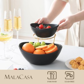 MALACASA 2 Tier Chip and Dip Serving Set with Metal Stand,Ceramic Appetizer Bowls for Party, Multi-Use Food Display for Fruits, Snacks,Black Elegant Tiered Serving Dishes for Party