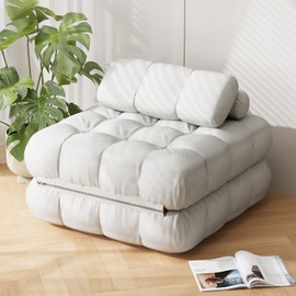 DSNAPE Folding Futon Sofa Bed, Single Size Convertible Sleeper Chair Bed with Pillow, Comfy Foldable Floor Mattress, Portable Fold Out Lounge Couch for Living Room Bedroom - White