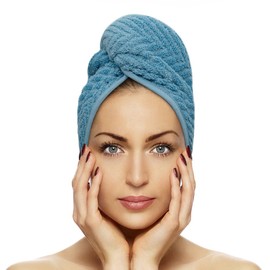 FAB-ON UK Hair Dry Towel Turban Style 100% Cotton Instant Drying Quick Absorbent Lightweight Button & Loop Closure One Size Hair Dry Cap For Curly Long Hair 64x24cm