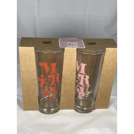 Bright Star Products Merry Pink and Red Printed Tall Clear Glass Cups / Drinking Glasses 6" Tall/ NEW