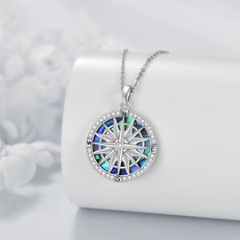 VONALA Compass Necklace Sterling Silver Cubic Zirconia Compass Pendant Necklace Abalone Shell Compass Jewellery Graduation Gifts for Women Girls Her, Sterling Silver, Cubic Zirconia