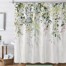 kampdream Eucalyptus Plant Rustic Shower Curtain, Watercolor Leaves On The Top Country Farm House Shower Curtain, Spring Botanical Bathroom Curtain 72 ×72 Inch