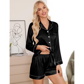 SWOMOG Womens 2 PCS Pajamas Set Silk Satin Long Sleeve Sleepwear Button Down Loungewear Pjs Nightwear Z - Black - 2 PCS Large