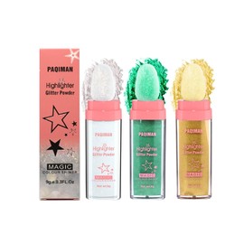 3 Color Glitter Powder Highlighter Makeup, Body Brightens the Natural Three-dimensional Face Blusher Patting Powder Highlighter. (01-White moonbeam&04-Green& 05-Gold)