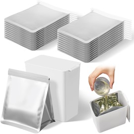 Hushee Set of 26 Grease Container for Kitchen with 25 Pcs Foil Liners Disposable Grease Bags, 1 Pcs White Storage Bin, Cooking Oil Container Help Stop Kitchen Drains from Getting Clogged