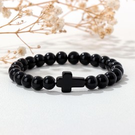REHANDLE Black Obsidian Bracelet Cross Bracelet for Women Men Black Tourmaline Bracelet Christian Bracelets for Women Men Black Beaded Bracelet Black Onyx Bracelet Healing Crystal Bracelet for Men
