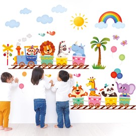 DECOWALL SG-2205 Animal Train Wall Stickers kids decal nursery decor peel and stick removable baby woodland playroom safari boy room lion elephant giraffe monkey horse cartoon party