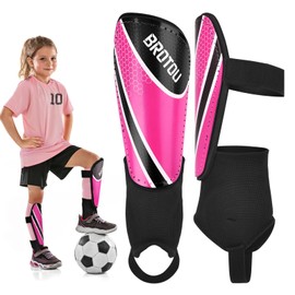 Youth Football Shin Guards, BROTOU High Strength Junior Shin Pads with Calf & Ankle Protection, Lightweight Design, Breathable, Non Slip Extended Adjustable Straps, for Boys and Girls (L, Rose Red)