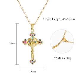 KOMI Cross Pendant Necklace for Women 18K Gold Copper Material Colorful Zircon Cross Jesus Necklace Retro Shining Christian Necklace Jewelry Gifts Fashion