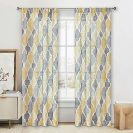 Beauoop Linen Semi Sheer Curtains 84 Inches Long 2 Panels for Bedroom Living Room Yellow Grey Moroccan Geo Farmhouse Light Filtering Privacy Textured Rod Pocket Window Treatments Drapes, 50x84 2 Set