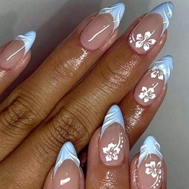 LWTZLW French Tip Press on Nails Blue French tip Medium Almond False Nails White Flower Full Cover Glue on Nails Oval Acrylic Fake Nail Cute Glossy Artificial Nail Reusable for Women