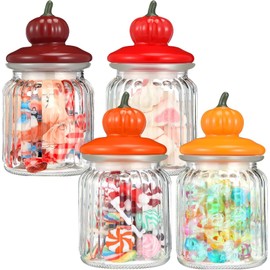 Nitial 4 Pcs Fall Pumpkin Glass Jar with Lid 7.8 oz Clear Glass Pumpkin Candy Jar Decorative Food Storage Canister with Airtight Ceramic Lid for Fall Harvest Party Tea Cookie Table Decoration