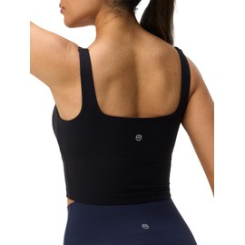 Omwilddo Womens U Neck Longline Padded Sports Bra Crop Tank Top Supportive Wide Straps Yoga Workout Bras,Light Compression Black XL