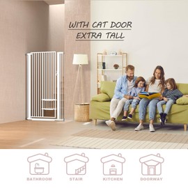 55.11" Extra Tall Cat Gate 29.5-31.8 Wide Cat gate for Doorway Safety Pet Gate with Cat Doors NO Drilling Pressure Mount Kit for Cats and Dogs Indoor Doorways liveing Room Bedroom-White