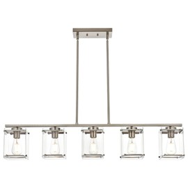 MELUCEE 5 Light Chandeliers for Dining Room Linear Kitchen Island Lighting with Rectangular Clear Glass Shades, Modern Pendant Light Fixture Brushed Nickel for Kitchen Dining Room Living Room