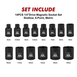 CASOMAN 14PCS 1/4" Drive Magnetic Impact Socket Set, Shallow, 6-Point, Metric, 4mm to 15mm, CR-MO Steel