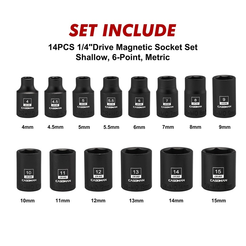 CASOMAN 14PCS 1/4" Drive Magnetic Impact Socket Set, Shallow, 6-Point,