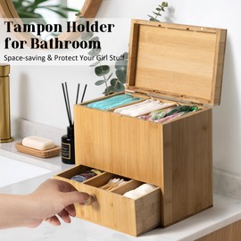 YSHXNX Tampon Holder for Bathroom, Qtip Holder Dispenser with Lid, Feminine Products Organizer, Storage, 3 Compartments Bamboo Containers for Cotton Ball Swab Round Pad Floss (Bamboo)