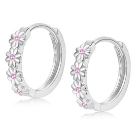 Sterling Silver Hoop Earrings for Women, Dainty Small Huggie Hoop Earrings | Hypoallergenic Daisy Pink Cubic Zirconia Flower Hoops Earring Jewellery Gifts for Ladies Girls Birthday Wedding, 12mm Hoop