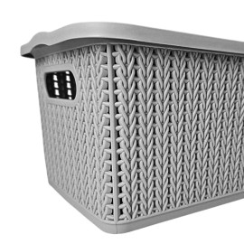 Set De 2 Canastas Organizadoras Tipo Rattan Con Tapa, Cestas De Almacenamiento Plásticas Multiusos Para Baño, Cocina Y Recámara, Cajas Organizadoras Apilables Con Asas, 23x15.5x14cm Gris