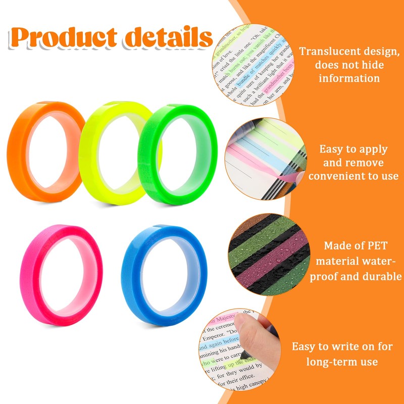 5 Rolls Highlighter Tapes 0.24inch X 16.4ft Writable Removable Highlighters