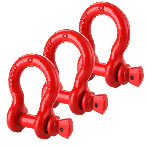 Bekith 3 Pack Shackles 3/4" D Ring Shackle Rugged Unbreakable 28.5 Ton (57,000 Lbs) Maximum Break Strength Heavy Duty Tow Shackles for Tow Strap, Winch, Vehicle Recovery, Red
