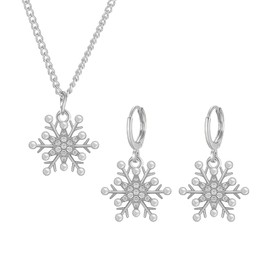 Dreuyet Snowflake Earring and Necklace Set for Women Clear Cubic Zirconia Sparkle Snowflake Hoop Earrings Silver Christmas Snowflake Pearl Earrings Winter Holiday Women Wife Jewelry Gift (Silver)