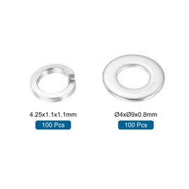 sourcing map 200Pcs M4 304 Stainless Steel Split Lock Washer and Flat Washer Kit for Screw Bolts Machinery